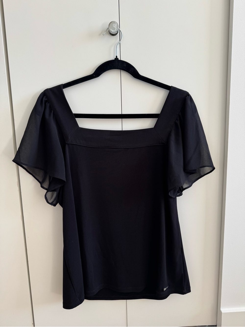 Calvin Klein Black Square Neck Flutter-Sleeve Blouse